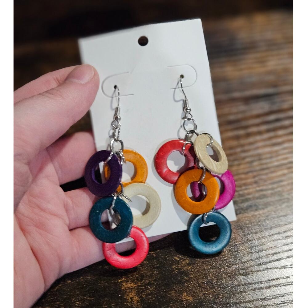 Boutique Colorful Wooden Dangle Earrings ~ Lightweight Artsy Eclectic Boho